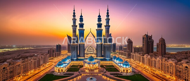 Worship and getting closer to God, a three-dimensional model of an Islamic-style mosque, the background of the sky during sunset and white clouds, the arts and architecture of building mosques in the Kingdom of Saudi Arabia