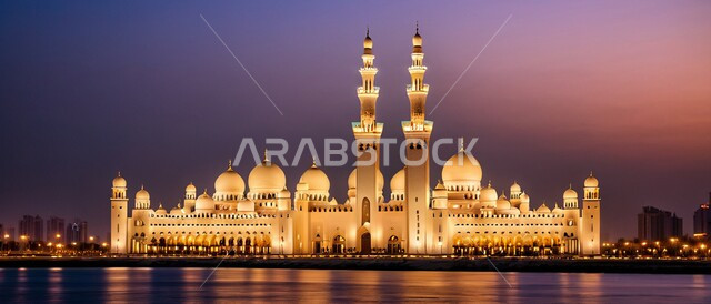 Night sky background with white clouds, 3D model of an Islamic style mosque, calling Muslims to perform religious duties and prayers, worship and get closer to God, the art of architecture of building mosques in the Kingdom of Saudi Arabia, modern exterior decorations and designsا