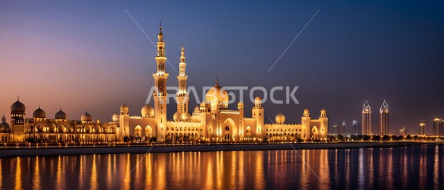 خلفية السماء اثناء الليل والسحب البيضاء ، مجسم ثلاثي الابعاد لمسجد على الطراز الاسلامي ، دعوة المسلمين لأداء الفرائض الدينية والصلاة ، العبادة والتقرب إلى الله، فن الهندسة المعمارية لبناء المساجد في المملكة العربية السعودية ، ديكورات وتصاميم خارجية حديثة