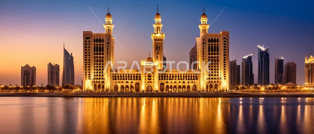 خلفية السماء اثناء الليل والسحب البيضاء ، مجسم ثلاثي الابعاد لمسجد على الطراز الاسلامي ، دعوة المسلمين لأداء الفرائض الدينية والصلاة ، العبادة والتقرب إلى الله، فن الهندسة المعمارية لبناء المساجد في المملكة العربية السعودية ، ديكورات وتصاميم خارجية حديثة