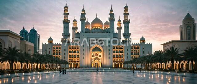 Night sky background with white clouds, 3D model of an Islamic style mosque, calling Muslims to perform religious duties and prayers, worship and get closer to God, the art of architecture of building mosques in the Kingdom of Saudi Arabia, modern exterior decorations and designs