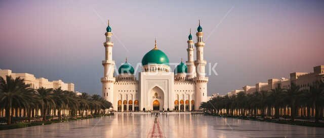 خلفية السماء اثناء الليل والسحب البيضاء ، مجسم ثلاثي الابعاد لمسجد على الطراز الاسلامي ، دعوة المسلمين لأداء الفرائض الدينية والصلاة ، العبادة والتقرب إلى الله، فن الهندسة المعمارية لبناء المساجد في المملكة العربية السعودية ، ديكورات وتصاميم خارجية حديثة