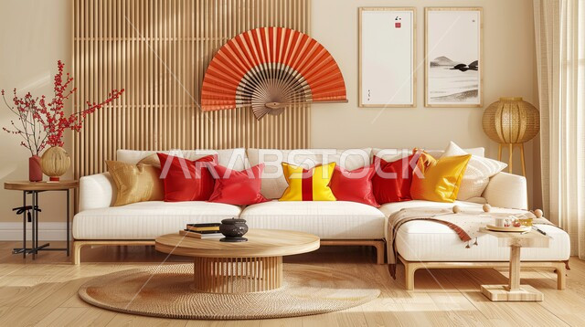  التصاميم الداخلية لغرف الجلوس، اكسسوارات وتحف عصرية على الطراز الآسيوي، غرفة معيشة مع أثاث منزلي فاخر باللون الأبيض والأحمر، الديكورات الداخلية الراقية للفلل والشقق السكنية في المملكة العربية السعودية، لوحات فنية معلقة