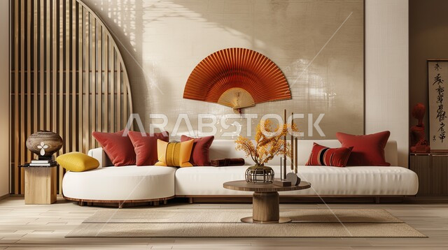   الديكورات الداخلية الراقية للفلل والشقق السكنية في المملكة العربية السعودية، لوحات فنية معلقة، التصاميم الداخلية لغرف الجلوس، اكسسوارات وتحف عصرية على الطراز الآسيوي، غرفة معيشة مع أثاث منزلي فاخر باللون الأبيض والأحمر