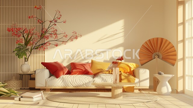   الديكورات الداخلية الراقية للفلل والشقق السكنية في المملكة العربية السعودية، لوحات فنية معلقة، التصاميم الداخلية لغرف الجلوس، اكسسوارات وتحف عصرية على الطراز الآسيوي، غرفة معيشة مع أثاث منزلي فاخر باللون الأبيض والأحمر