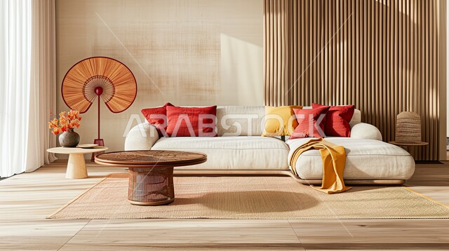  التصاميم الداخلية لغرف الجلوس، اكسسوارات وتحف عصرية على الطراز الآسيوي، غرفة معيشة مع أثاث منزلي فاخر باللون الأبيض والأحمر، الديكورات الداخلية الراقية للفلل والشقق السكنية في المملكة العربية السعودية، لوحات فنية معلقة