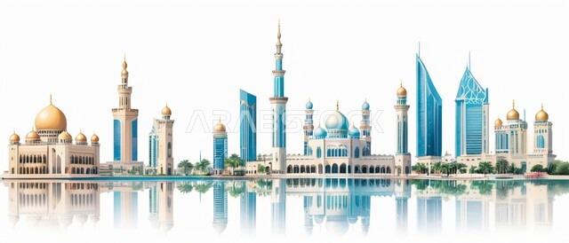 دعوة المسلمين لأداء الفرائض الدينية والصلاة ، العبادة والتقرب إلى الله، فن الهندسة المعمارية لبناء المساجد في المملكة العربية السعودية ، ديكورات وتصاميم خارجية حديثة ، مجسم ثلاثي الابعاد لمسجد على الطراز الاسلامي