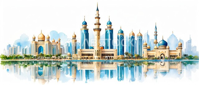 دعوة المسلمين لأداء الفرائض الدينية والصلاة ، العبادة والتقرب إلى الله، فن الهندسة المعمارية لبناء المساجد في المملكة العربية السعودية ، ديكورات وتصاميم خارجية حديثة ، مجسم ثلاثي الابعاد لمسجد على الطراز الاسلامي