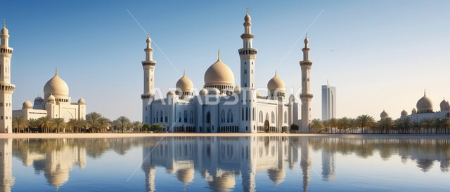 دعوة المسلمين لأداء الفرائض الدينية والصلاة ، العبادة والتقرب إلى الله، فن الهندسة المعمارية لبناء المساجد في المملكة العربية السعودية ، ديكورات وتصاميم خارجية حديثة ، مجسم ثلاثي الابعاد لمسجد على الطراز الاسلامي