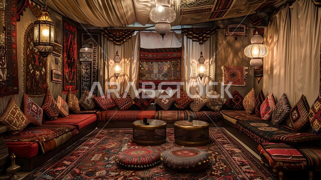  الفوانيس المعدنية التقليدية المعلقة , المجالس الشعبية التقليدية في المملكة العربية السعودية, ديوان عربي تقليدي يضم وسائد مريحة وطاولات منخفضة, الفن الهندسي المعماري على الطراز التراثي القديم