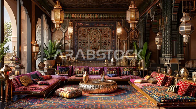 Old heritage style architectural art, traditional Saudi Arabian councils, traditional Arabic diwan with comfortable cushions and low tables, traditional hanging metal lanterns