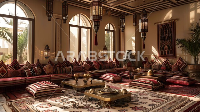  ديوان عربي تقليدي يضم وسائد مريحة وطاولات منخفضة, الفن الهندسي المعماري على الطراز التراثي القديم،  الفوانيس المعدنية التقليدية المعلقة , المجالس الشعبية التقليدية في المملكة العربية السعودية