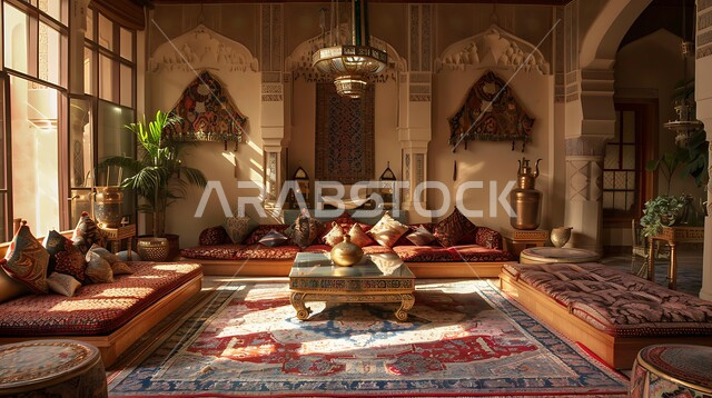  الفوانيس المعدنية التقليدية المعلقة , المجالس الشعبية التقليدية في المملكة العربية السعودية, ديوان عربي تقليدي يضم وسائد مريحة وطاولات منخفضة, الفن الهندسي المعماري على الطراز التراثي القديم