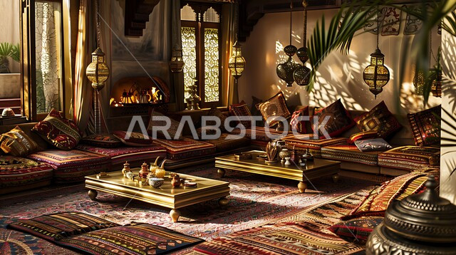 المجالس الشعبية التقليدية في المملكة العربية السعودية, ديوان عربي تقليدي يضم وسائد مريحة وطاولات منخفضة, الفن الهندسي المعماري على الطراز التراثي القديم،  الفوانيس المعدنية التقليدية المعلقة