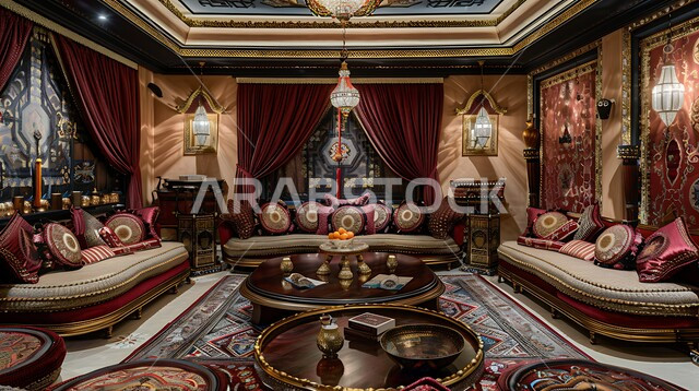 المجالس الشعبية التقليدية في المملكة العربية السعودية, ديوان عربي تقليدي يضم وسائد مريحة وطاولات منخفضة, الفن الهندسي المعماري على الطراز التراثي القديم،  الفوانيس المعدنية التقليدية المعلقة