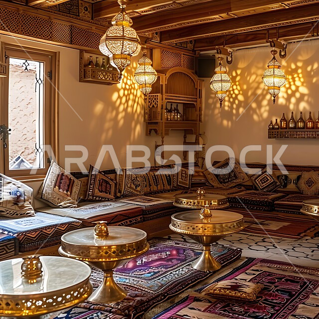  الفوانيس المعدنية التقليدية المعلقة , المجالس الشعبية التقليدية في المملكة العربية السعودية, ديوان عربي تقليدي يضم وسائد مريحة وطاولات منخفضة, الفن الهندسي المعماري على الطراز التراثي القديم