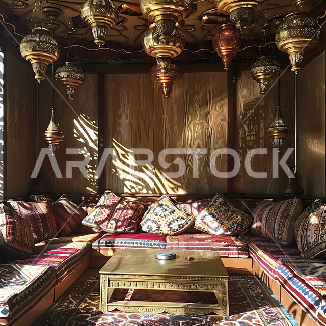 الفن الهندسي المعماري على الطراز التراثي القديم، المجالس الشعبية التقليدية في المملكة العربية السعودية, ديوان عربي تقليدي يضم وسائد مريحة وطاولات منخفضة,  الفوانيس المعدنية التقليدية المعلقة