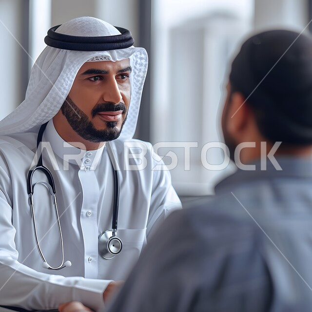 تقديم الاستشارات الطبية والخدمات الصحية للمرضى، مفهوم الطب والرعاية الصحية ، صورة مقربة لطبيب عربي خليجي سعودي يرتدي الغترة والثوب التقليدي و السماعة الطبية يقوم بمعاينة المريض