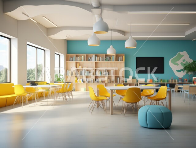 التصاميم الداخلية للمقاهي وصالات العمل, الهندسة الفنية المعمارية لبناء القاعات الدراسية في المملكة العربية السعودية, أثاث داخلي بألوان الأزرق والأصفر المتناسقة, استخدام الأضواء والاكسسوارات العصرية, الطاولات الخشبية مع الكراسي المريحة المناسبة للأعمال المتعبة