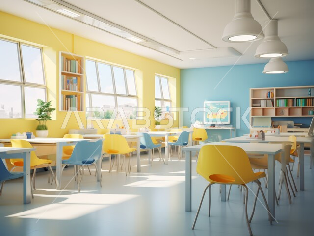 التصاميم الداخلية للمقاهي وصالات العمل, الهندسة الفنية المعمارية لبناء القاعات الدراسية في المملكة العربية السعودية, أثاث داخلي بألوان الأزرق والأصفر المتناسقة, استخدام الأضواء والاكسسوارات العصرية, الطاولات الخشبية مع الكراسي المريحة المناسبة للأعمال المتعبة