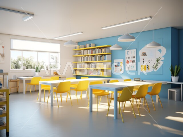 Interior designs for cafes and work halls, architectural engineering for building classrooms in Saudi Arabia, interior furniture in harmonious blue and yellow colors, use of modern lights and accessories, wooden tables with comfortable chairs suitable for tiring work