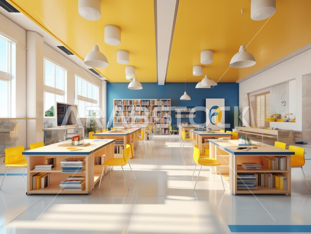 التصاميم الداخلية للمقاهي وصالات العمل, الهندسة الفنية المعمارية لبناء القاعات الدراسية في المملكة العربية السعودية, أثاث داخلي بألوان الأزرق والأصفر المتناسقة, استخدام الأضواء والاكسسوارات العصرية, الطاولات الخشبية مع الكراسي المريحة المناسبة للأعمال المتعبة