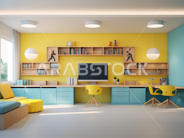 التصاميم الداخلية لغرف الأطفال, الهندسة الفنية المعمارية للديكورات الطفولية اللطيفة في المملكة العربية السعودية, أثاث داخلي بألوان الأزرق والأصفر المتناسقة, استخدام الأضواء والاكسسوارات العصرية, رفوف مقسمة بشكل منظم وطاولة الحاسوب الخشبية مع كراسي مريحة
