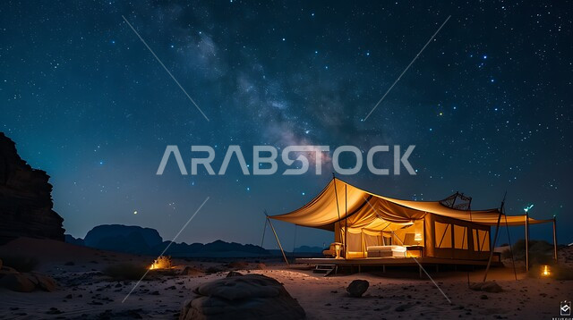 التضاريس والرمال الذهبية الناعمة في وقت الليل، التخييم في صحاري المملكة العربية السعودية, مخيمات سياحية في المناطق البرية، منظر السماء المرصعة بالنجوم، كشتة و جلسة بر شبابية، خيمة بدوية شعبية مضاءة بالفوانيس المعدنية وسط الصحراء