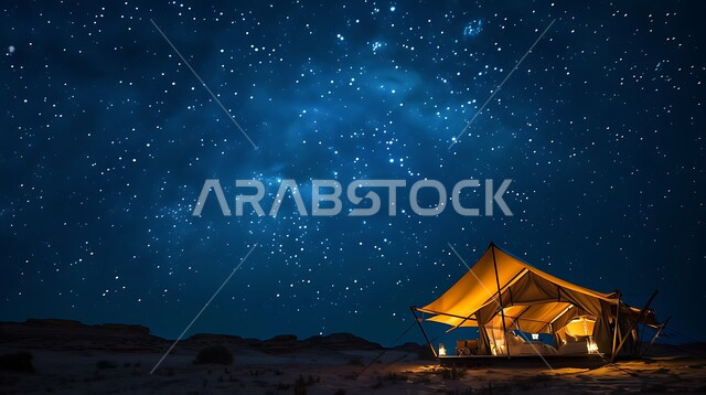التضاريس والرمال الذهبية الناعمة في وقت الليل، التخييم في صحاري المملكة العربية السعودية, مخيمات سياحية في المناطق البرية، منظر السماء المرصعة بالنجوم، كشتة و جلسة بر شبابية، خيمة بدوية شعبية مضاءة بالفوانيس المعدنية وسط الصحراء
