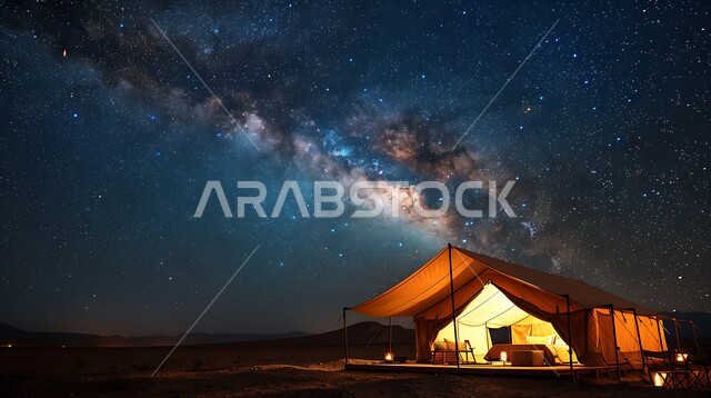 التضاريس والرمال الذهبية الناعمة في وقت الليل، التخييم في صحاري المملكة العربية السعودية, مخيمات سياحية في المناطق البرية، منظر السماء المرصعة بالنجوم، كشتة و جلسة بر شبابية، خيمة بدوية شعبية مضاءة بالفوانيس المعدنية وسط الصحراء