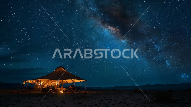 التضاريس والرمال الذهبية الناعمة في وقت الليل، التخييم في صحاري المملكة العربية السعودية, مخيمات سياحية في المناطق البرية، منظر السماء المرصعة بالنجوم، كشتة و جلسة بر شبابية، خيمة بدوية شعبية مضاءة بالفوانيس المعدنية وسط الصحراء