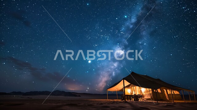 التضاريس والرمال الذهبية الناعمة في وقت الليل، التخييم في صحاري المملكة العربية السعودية, مخيمات سياحية في المناطق البرية، منظر السماء المرصعة بالنجوم، كشتة و جلسة بر شبابية، خيمة بدوية شعبية مضاءة بالفوانيس المعدنية وسط الصحراء