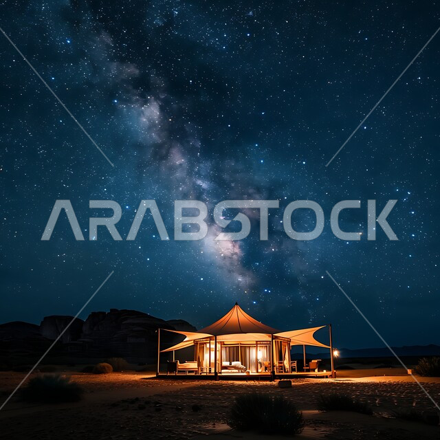 خيمة بدوية شعبية مضاءة بالفوانيس المعدنية وسط الصحراء، التضاريس والرمال الذهبية الناعمة في وقت الليل، التخييم في صحاري المملكة العربية السعودية, مخيمات سياحية في المناطق البرية، منظر السماء المرصعة بالنجوم، كشتة و جلسة بر شبابية