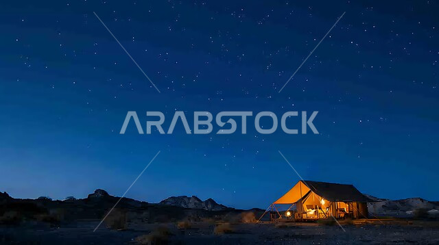 Popular Bedouin tent lit with metal lanterns in the middle of the desert, soft golden terrain and sand at night, camping in the deserts of Saudi Arabia, tourist camps in the wilderness, view of the starry sky, a youth camp and desert session