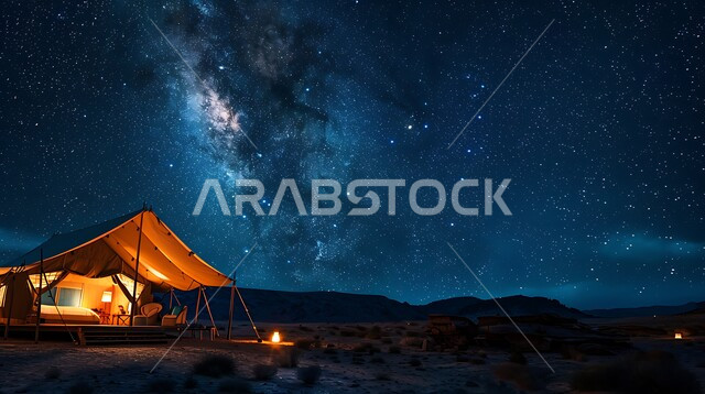 Popular Bedouin tent lit with metal lanterns in the middle of the desert, soft golden terrain and sand at night, camping in the deserts of Saudi Arabia, tourist camps in the wilderness, view of the starry sky, a youth camp and desert session