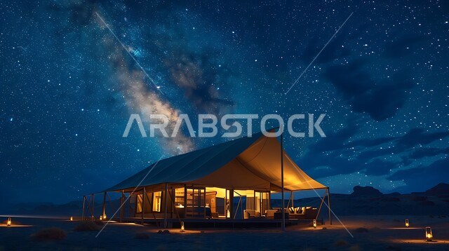 خيمة بدوية شعبية مضاءة بالفوانيس المعدنية وسط الصحراء، التضاريس والرمال الذهبية الناعمة في وقت الليل، التخييم في صحاري المملكة العربية السعودية, مخيمات سياحية في المناطق البرية، منظر السماء المرصعة بالنجوم، كشتة و جلسة بر شبابية