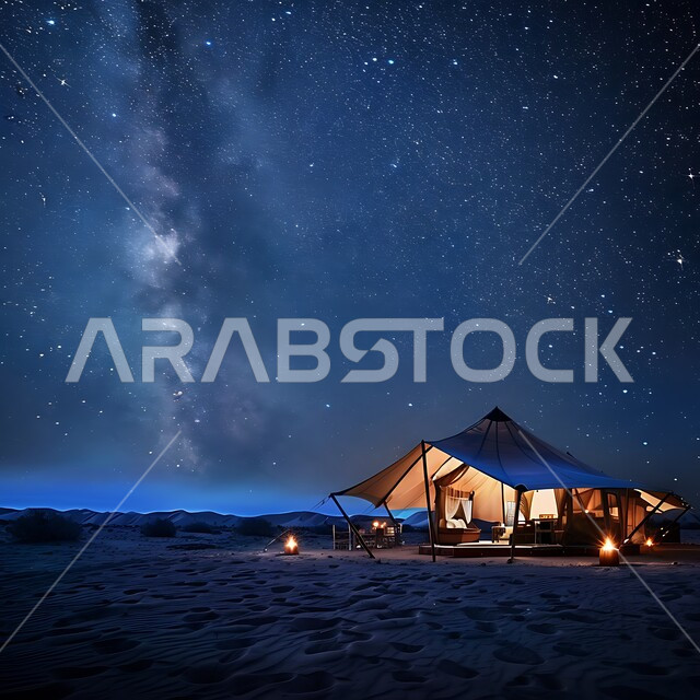 Popular Bedouin tent lit with metal lanterns in the middle of the desert, soft golden terrain and sand at night, camping in the deserts of Saudi Arabia, tourist camps in the wilderness, view of the starry sky, a youth camp and desert session