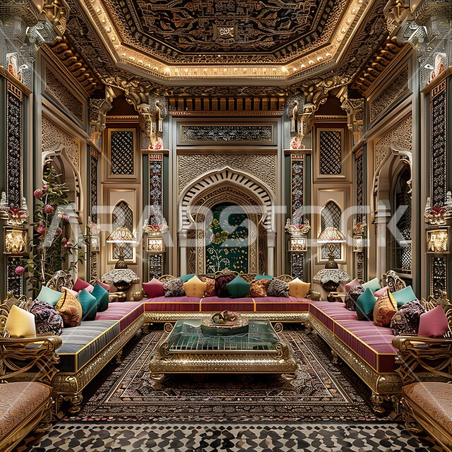 الفن الهندسي المعماري المزخرف على الطراز التقليدي للجلسات الشعبية, ديكورات أثرية عريقة في المملكة العربية السعودية,  التمسك بالعادات والتقاليد العربية الغنية بالثقافة القديمة, تصاميم المجلس السعودي بأثاث وزخارف جدارية معقدة في المنازل والشقق السكنية