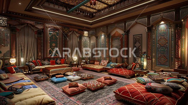 Traditional style decorative architectural art for popular sitting areas, ancient antique decorations in the Kingdom of Saudi Arabia, adherence to Arab customs and traditions rich in ancient culture, Saudi council designs with furniture and intricate wall decorations in homes and residential apartments