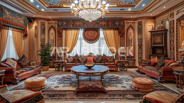 الفن الهندسي المعماري المزخرف على الطراز التقليدي للجلسات الشعبية, ديكورات أثرية عريقة في المملكة العربية السعودية,  التمسك بالعادات والتقاليد العربية الغنية بالثقافة القديمة, تصاميم المجلس السعودي بأثاث وزخارف جدارية معقدة في المنازل والشقق السكنية