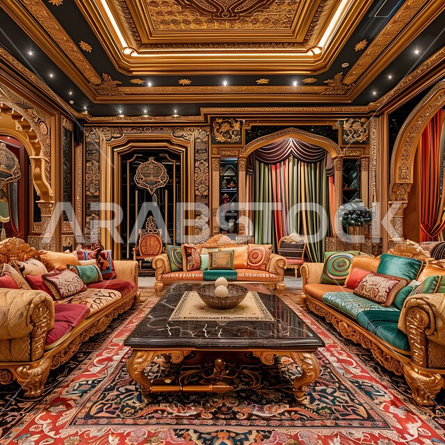 Traditional style decorative architectural art for popular sitting areas, ancient antique decorations in the Kingdom of Saudi Arabia, adherence to Arab customs and traditions rich in ancient culture, Saudi council designs with furniture and intricate wall decorations in homes and residential apartments