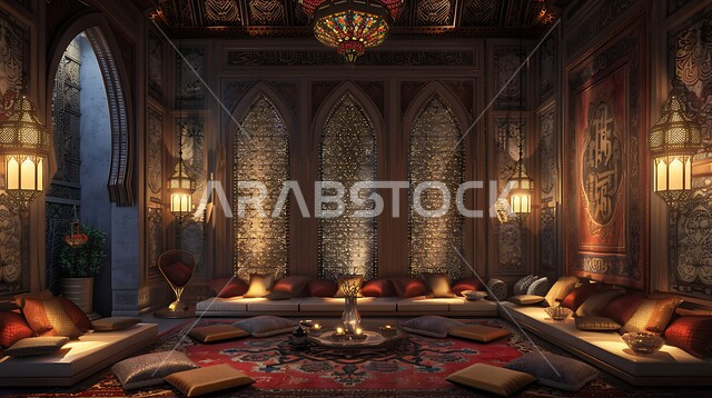 Adherence to the rich Arab customs and traditions of ancient culture, ancient antique decorations in the Kingdom of Saudi Arabia, traditional style decorative architectural art for popular sessions, low furniture and seats and luxurious pillows, Saudi council designs with intricate wall decorations in homes