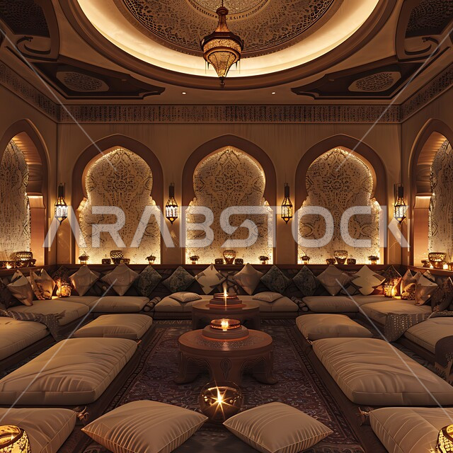 Adherence to the rich Arab customs and traditions of ancient culture, ancient antique decorations in the Kingdom of Saudi Arabia, traditional style decorative architectural art for popular sessions, low furniture and seats and luxurious pillows, Saudi council designs with intricate wall decorations in homes