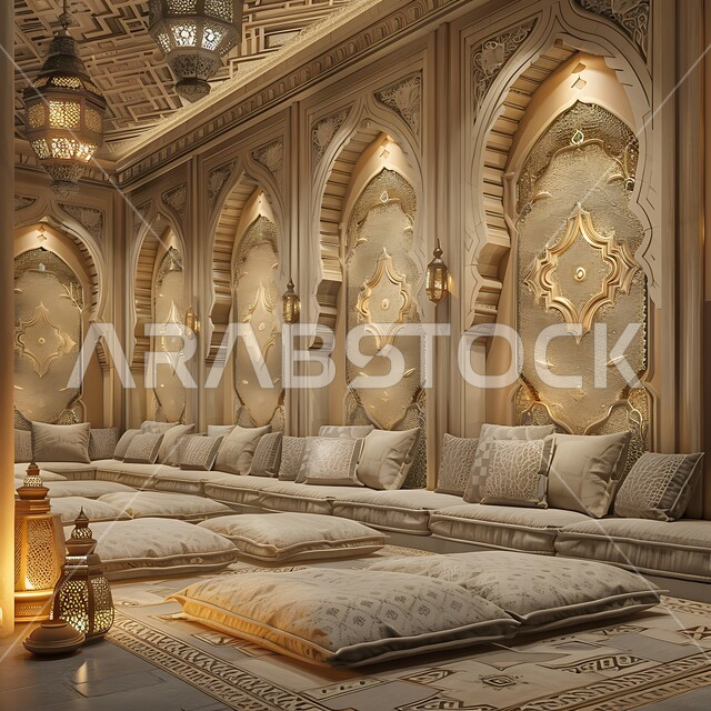 Adherence to the rich Arab customs and traditions of ancient culture, ancient antique decorations in the Kingdom of Saudi Arabia, traditional style decorative architectural art for popular sessions, low furniture and seats and luxurious pillows, Saudi council designs with intricate wall decorations in homes