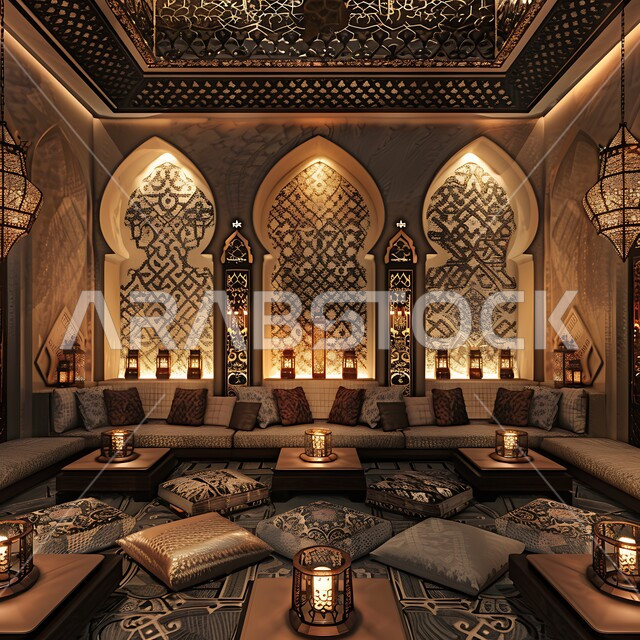 Adherence to the rich Arab customs and traditions of ancient culture, ancient antique decorations in the Kingdom of Saudi Arabia, traditional style decorative architectural art for popular sessions, low furniture and seats and luxurious pillows, Saudi council designs with intricate wall decorations in homes