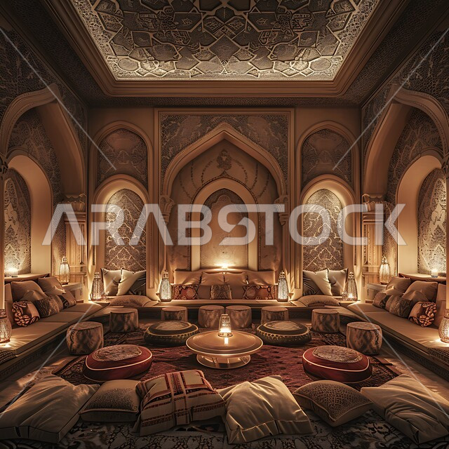 Adherence to the rich Arab customs and traditions of ancient culture, ancient antique decorations in the Kingdom of Saudi Arabia, traditional style decorative architectural art for popular sessions, low furniture and seats and luxurious pillows, Saudi council designs with intricate wall decorations in homes