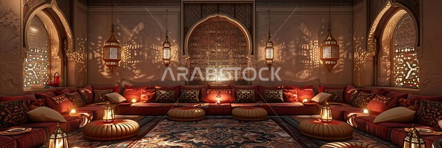 ديكورات أثرية عريقة في المملكة العربية السعودية,  الفن الهندسي المعماري المزخرف على الطراز التقليدي للجلسات الشعبية, التمسك بالعادات والتقاليد العربية الغنية بالثقافة القديمة, أثاث ومقاعد منخفضة ووسائد فخمة، تصاميم المجلس السعودي بزخارف جدارية معقدة في المنازل