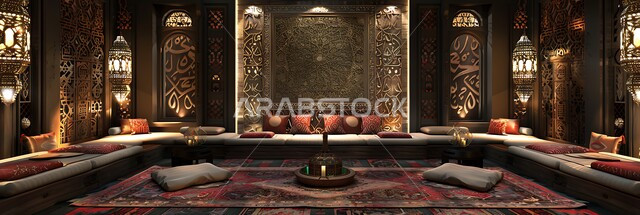 ديكورات أثرية عريقة في المملكة العربية السعودية,  الفن الهندسي المعماري المزخرف على الطراز التقليدي للجلسات الشعبية, التمسك بالعادات والتقاليد العربية الغنية بالثقافة القديمة, أثاث ومقاعد منخفضة ووسائد فخمة، تصاميم المجلس السعودي بزخارف جدارية معقدة في المنازل