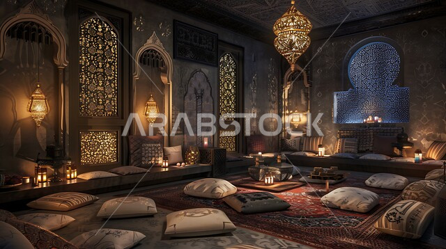 Antique decorations in the Kingdom of Saudi Arabia, traditional style architectural engineering art for popular sessions, adherence to Arab customs and traditions rich in ancient culture, low furniture and seats and luxurious pillows, Saudi council designs with intricate wall decorations in homes