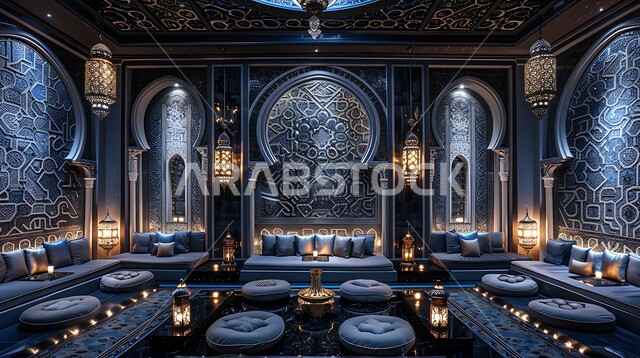 ديكورات أثرية عريقة في المملكة العربية السعودية,  الفن الهندسي المعماري المزخرف على الطراز التقليدي للجلسات الشعبية, التمسك بالعادات والتقاليد العربية الغنية بالثقافة القديمة, أثاث ومقاعد منخفضة ووسائد فخمة، تصاميم المجلس السعودي بزخارف جدارية معقدة في المنازل